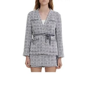 Maje Vetrole Belted Blue Tweed Jacket 36 Legally Blonde Office preppy old money